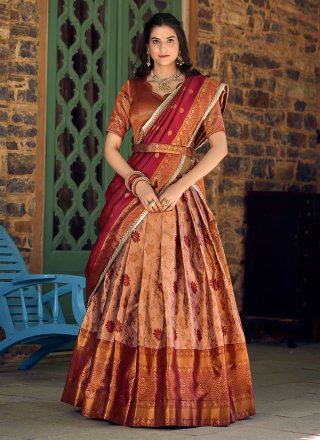 Weaving and Zari Work Jacquard Silk Lehenga Choli In Brown for Ceremonial