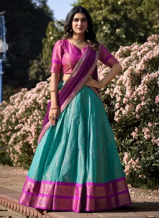 Weaving and Zari Work Kanchipuram Silk Lehenga Choli In Blue and Pink for Ceremonial