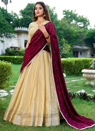 Weaving and Zari Work Kanchipuram Silk Lehenga Choli In Cream for Ceremonial