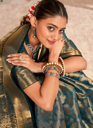 Weaving and Zari Work Malbari Silk Contemporary Sari In Teal