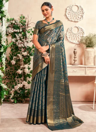 Weaving and Zari Work Malbari Silk Contemporary Sari In Teal