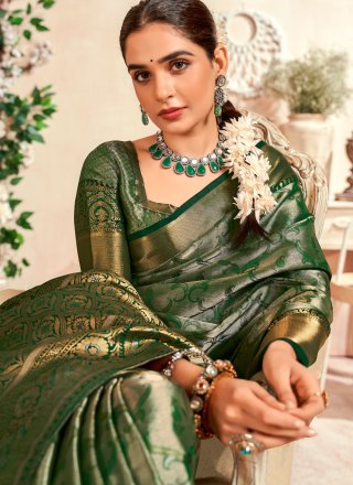 Weaving and Zari Work Malbari Silk Trendy Saree In Green