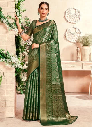 Weaving and Zari Work Malbari Silk Trendy Saree In Green