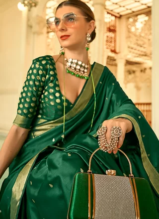 Weaving and Zari Work Satin Silk Classic Saree In Green for Ceremonial