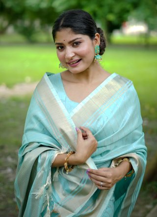 Weaving Work Banarasi Silk Traditional Saree In Aqua Blue for Casual