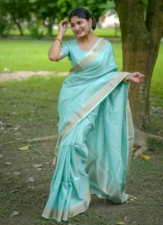 Weaving Work Banarasi Silk Traditional Saree In Aqua Blue for Casual