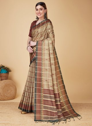 Weaving Work Cotton Silk Casual Sari In Beige and Brown