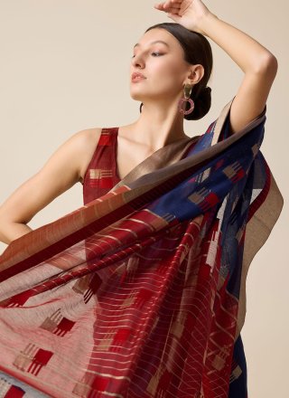 Weaving Work Cotton Silk Trendy Saree In Blue for Ceremonial