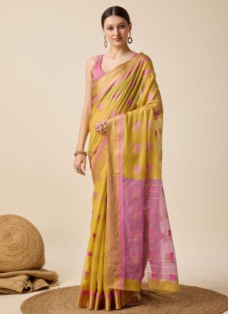 Weaving Work Cotton Silk Trendy Saree In Yellow