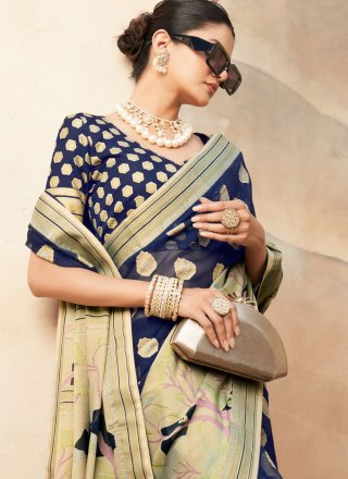 Weaving Work Georgette Designer Sari In Blue for Ceremonial