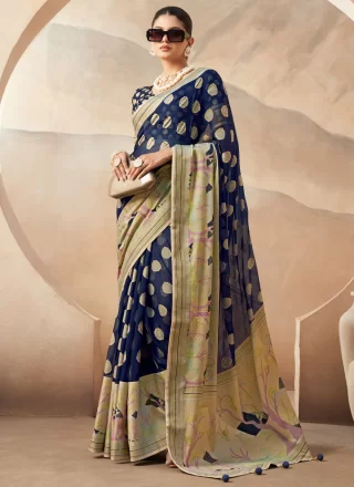 Weaving Work Georgette Designer Sari In Blue for Ceremonial