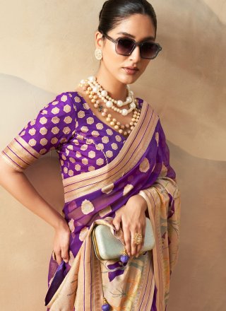 Weaving Work Georgette Traditional Saree In Violet