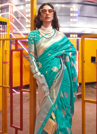 Weaving Work Handloom Silk Classic Sari In Rama for Ceremonial