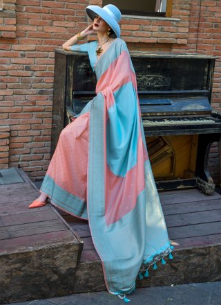 Weaving Work Handloom Silk Contemporary Saree In Aqua Blue and Peach