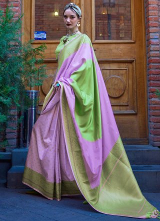 Weaving Work Handloom Silk Traditional Saree In Green and Lavender