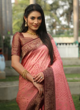 Weaving Work Kanjivaram Silk Designer Saree In Pink