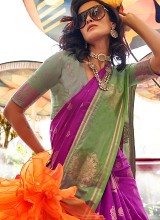 Weaving Work Katan Silk Contemporary Sari In Purple