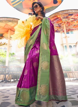 Weaving Work Katan Silk Contemporary Sari In Purple