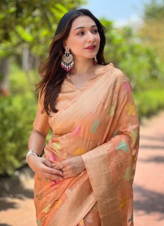Weaving Work Organza Classic Saree In Orange