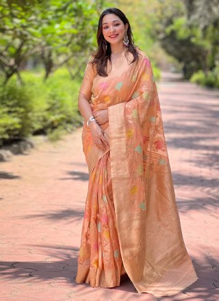 Weaving Work Organza Classic Saree In Orange