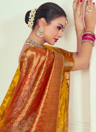 Weaving Work Organza Classic Sari In Mustard for Party