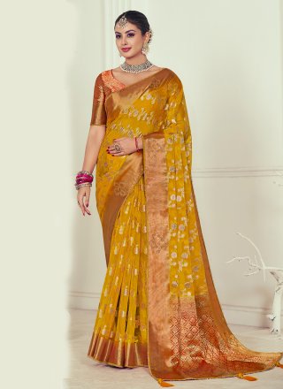 Weaving Work Organza Classic Sari In Mustard for Party