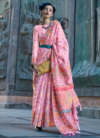 Weaving Work Organza Trendy Saree In Pink for Ceremonial