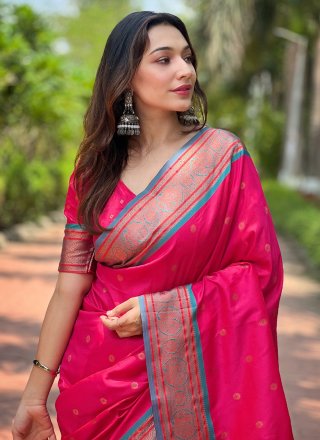 Weaving Work Paithni Traditional Saree In Pink and Rani