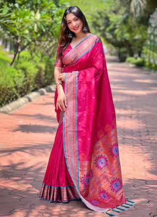 Weaving Work Paithni Traditional Saree In Pink and Rani