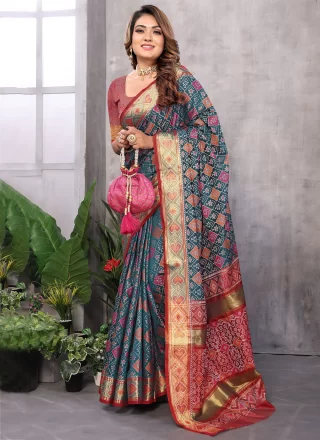Weaving Work Patola Silk Contemporary Sari In Teal for Casual