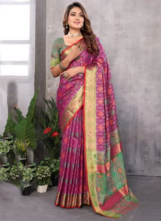 Weaving Work Patola Silk Trendy Saree In Magenta
