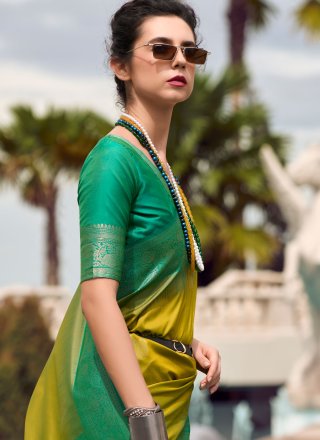 Weaving Work Pure Silk Contemporary Sari In Green and Mustard