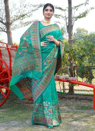 Weaving Work Pure Silk Traditional Saree In Turquoise