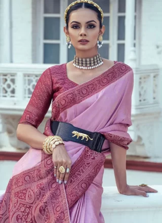 Weaving Work Satin Classic Sari In Pink for Ceremonial