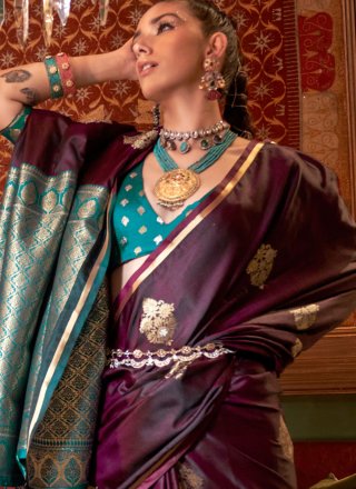 Weaving Work Satin Designer Saree In Wine