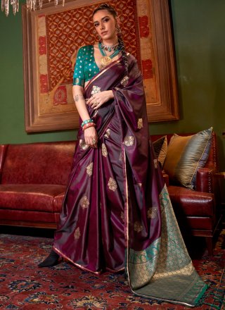 Weaving Work Satin Designer Saree In Wine