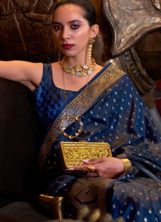 Weaving Work Satin Silk Trendy Saree In Blue