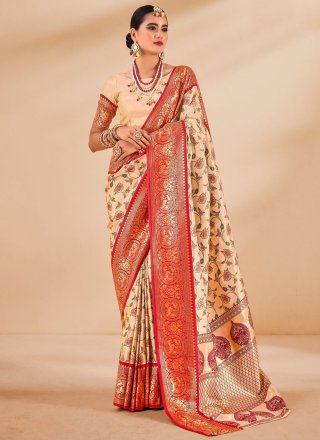 Weaving Work Silk Classic Saree In Cream and Hot Pink