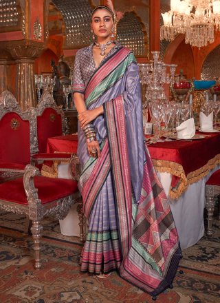 Weaving Work Silk Classic Sari In Lavender for Ceremonial