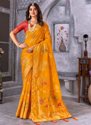 Weaving Work Silk Classic Sari In Mustard