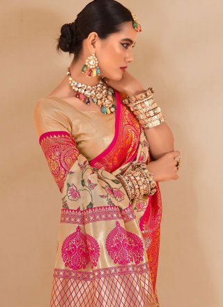 Weaving Work Silk Designer Saree In Cream and Rani