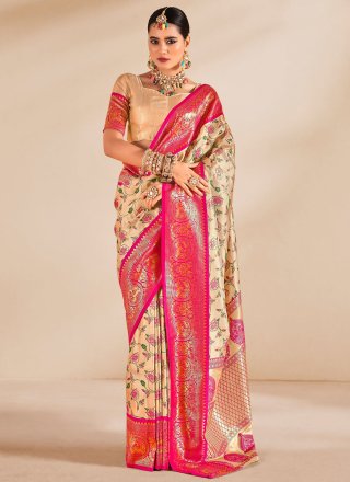 Weaving Work Silk Designer Saree In Cream and Rani