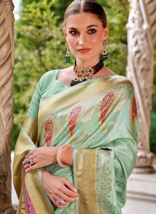 Weaving Work Silk Designer Sari In Aqua Blue