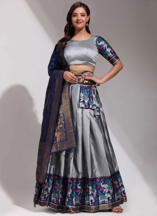 Weaving Work Silk Lehenga Choli In Grey for Ceremonial