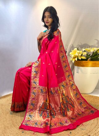Weaving Work Silk Traditional Saree In Pink for Ceremonial