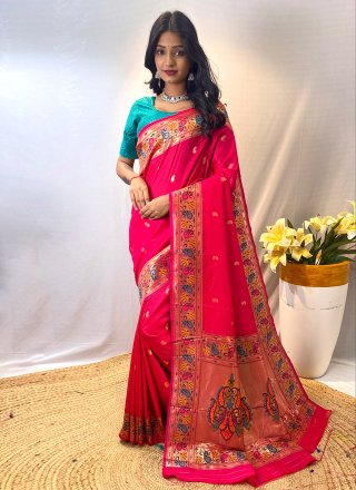 Weaving Work Silk Traditional Saree In Pink for Ceremonial