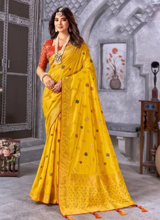 Weaving Work Silk Trendy Saree In Yellow for Engagement