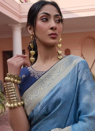 Weaving Work Viscose Classic Sari In Blue for Ceremonial