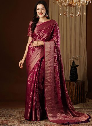 Weaving Work Viscose Classic Sari In Maroon