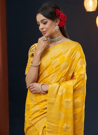 Weaving Work Viscose Contemporary Sari In Mustard